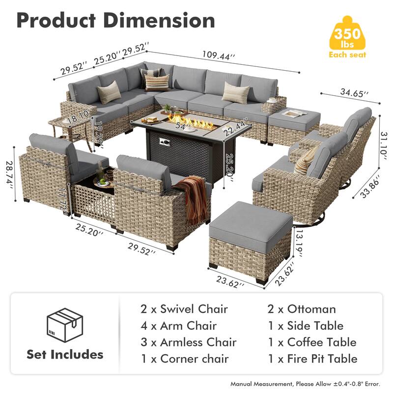 HOOOWOOO 15-piece Outdoor Sofa Patio Wicker Furniture Sectional Set with 54" Fire Pit Table