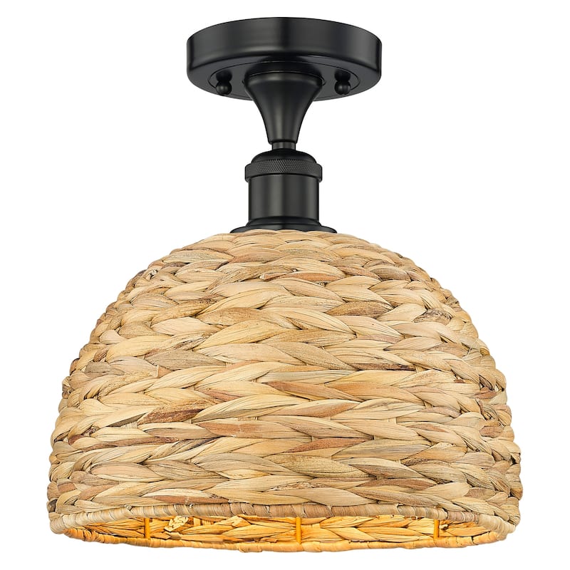 Innovations Lighting 616-1F-11-12 Woven Rattan Semi-Flush Woven Rattan - Matte Black / Natural