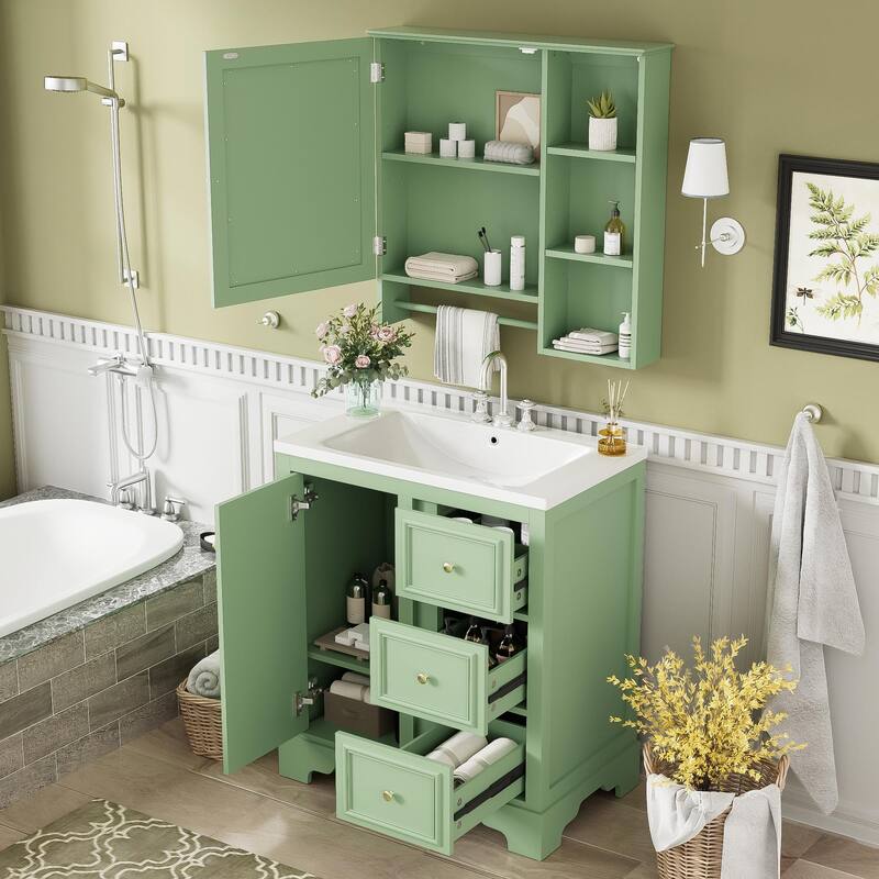 30-inch bathroom vanity with sink,with 3 drawers,adjustable shelves,freestanding vanity set with mirror cabinet,single sink