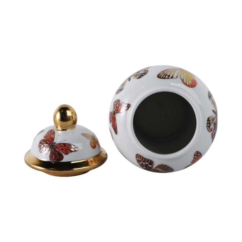 Ceramic Decorative Temple Jar with Lid and Metallic Butterfly Motif