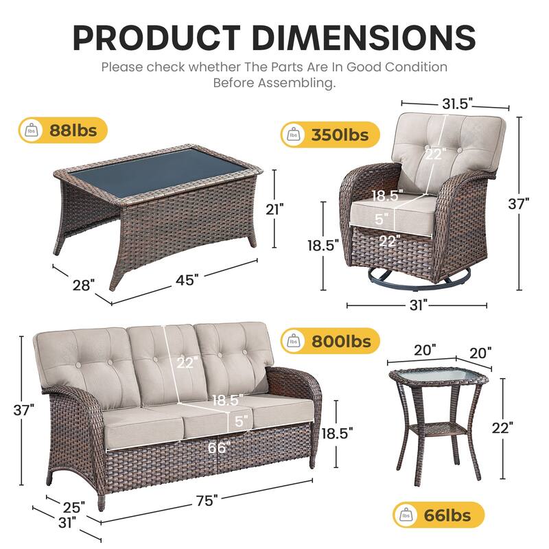 Gymojoy Outdoor Wicker Patio Furniture Set, 5" Thick Cushioned Rattan Set with Swivel Chairs & Coffee Table
