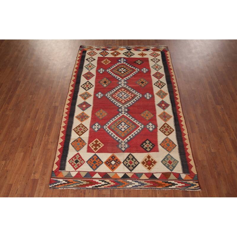 Kilim Qashqai Persian Vintage Rug Hand-Woven Red Wool Carpet - 5'4"x 8'3"