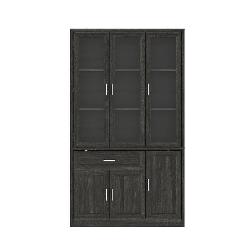 Modular Glass Door Bookcase Wall Unit with Storage Cabinets and Drawers, Dark Oak Display Hutch for Living Room or Home Office