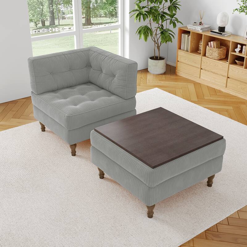 Corduroy L-shape Modular Corner Sectional Sofa with Reversible Storage Ottoman