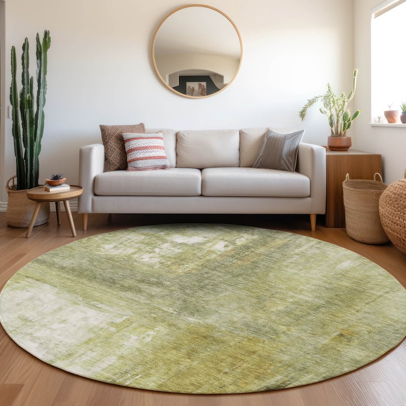Machine Washable Indoor/ Outdoor Abstract Watercolor Chantille Rug - Sage - 8' x 8'