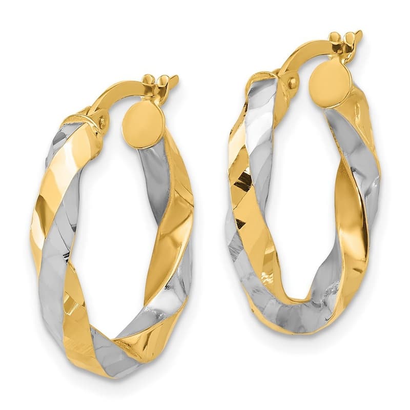 Curata 14k Yellow Gold White Rhodium Polished and Diamond cut Twisted Hoop Earrings - 21.5x20.9mm