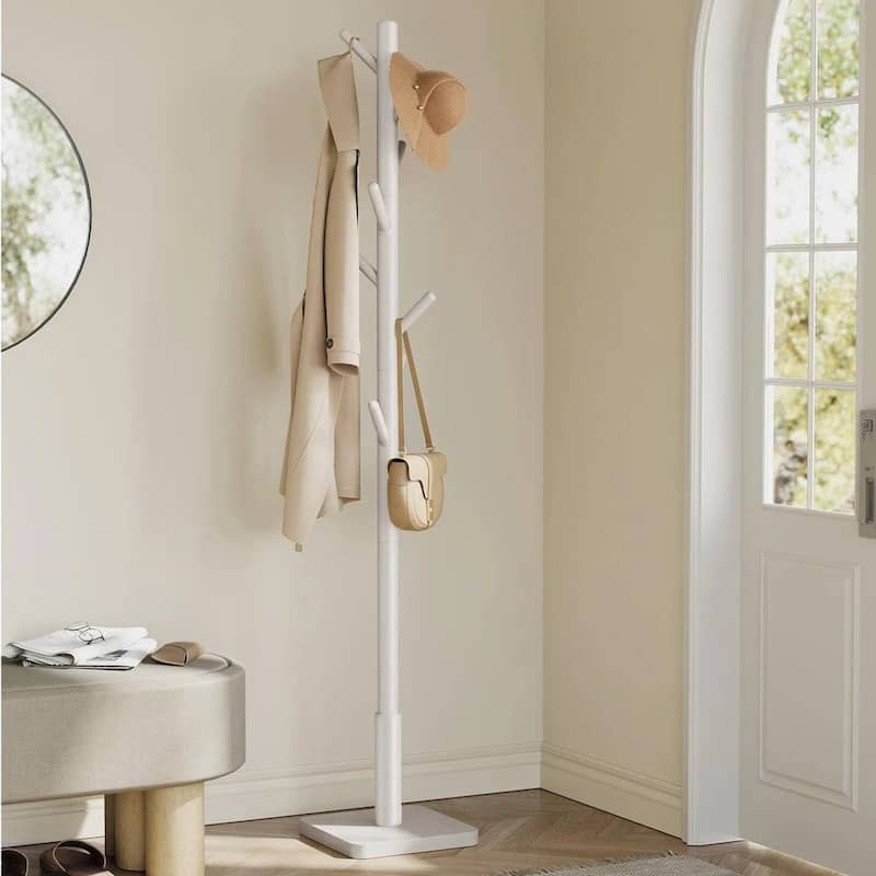 68.9" Solid Wood Coat Rack with 7 Pegs Modern Hall Tree for Entryway or Living Room - 68.9'' H x 15'' W x 15'' D - LightGrey