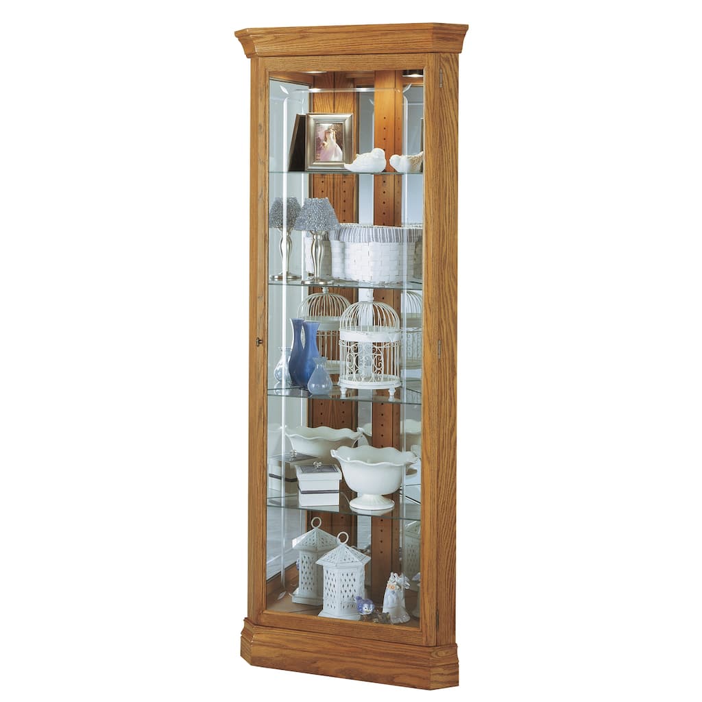 Howard Miller Hammond Contemporary Modern, Transitional, Light Brown Wood, Tall 5-Shelf, Living Room, Corner Curio Cabinet