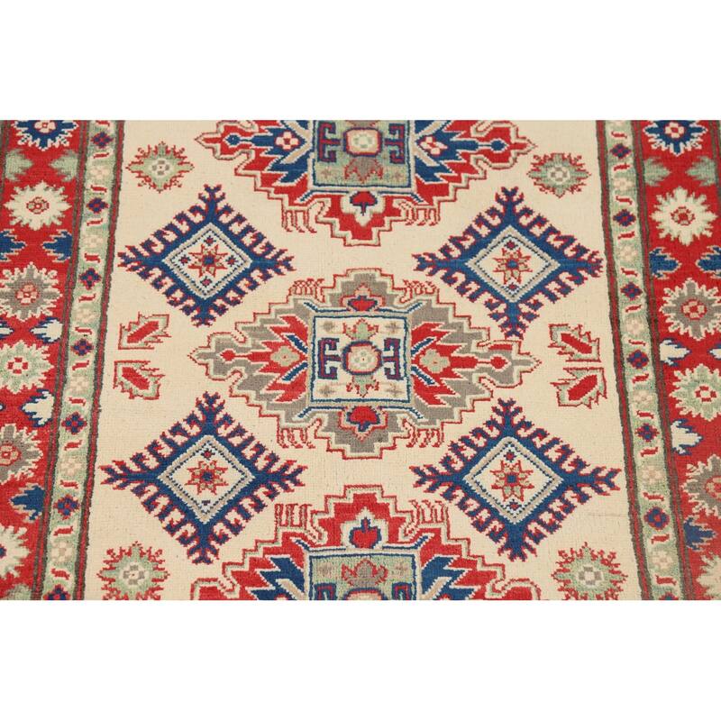 Beige Geometric Kazak Foyer Rug Oriental Handmade Wool Carpet - 3'6" x 5'1"