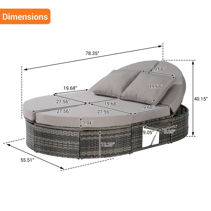 Outdoor Patio Rattan Round Daybed Sunbed with Adjustable Backrests and Foldable Cup Trays