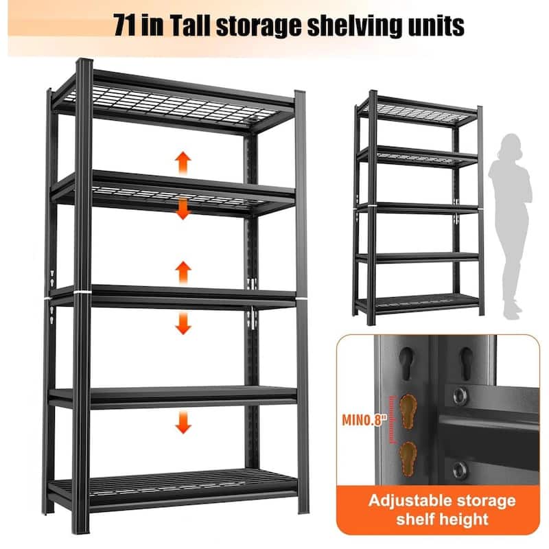 5-Tier Black Metal Storage Shelving Unit with Adjustable Horizontal Shelves for Garage or Kitchen - 35.40”L x 15.70”W x 71.20”H