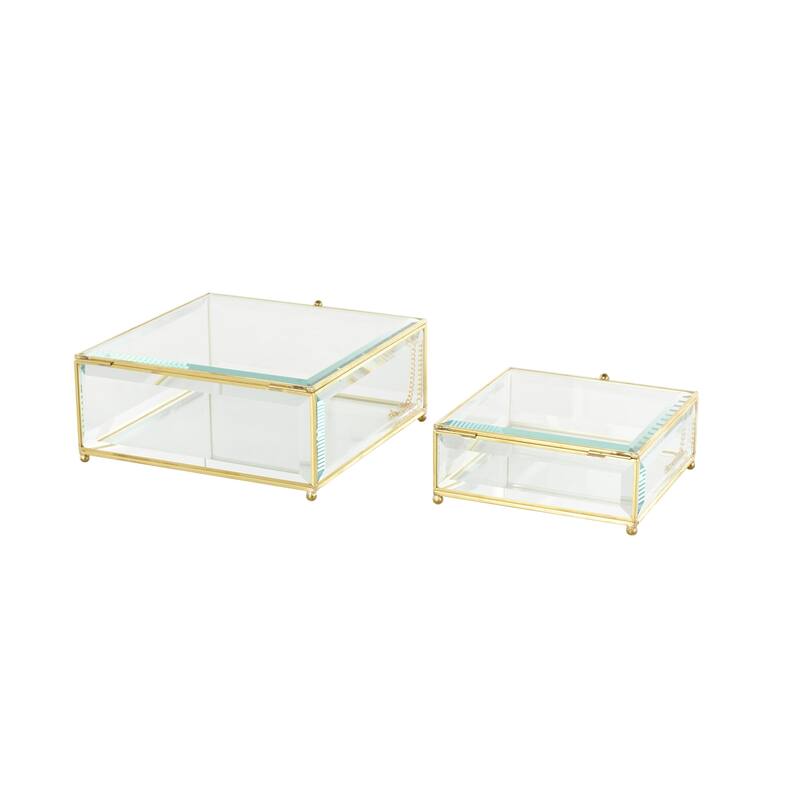 Glass Beveled Decorative Jewelry Box with Gold Metal Frame and Chain Accent - Set of 2 Clear - Roche River Decor