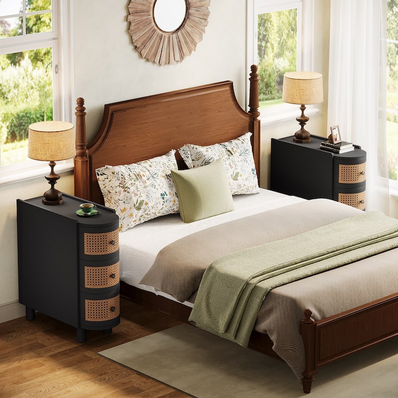 Solid Wood End Table, 3-Drawer Rattan Side Table, Night Stand with Exquisite Embossed Handles