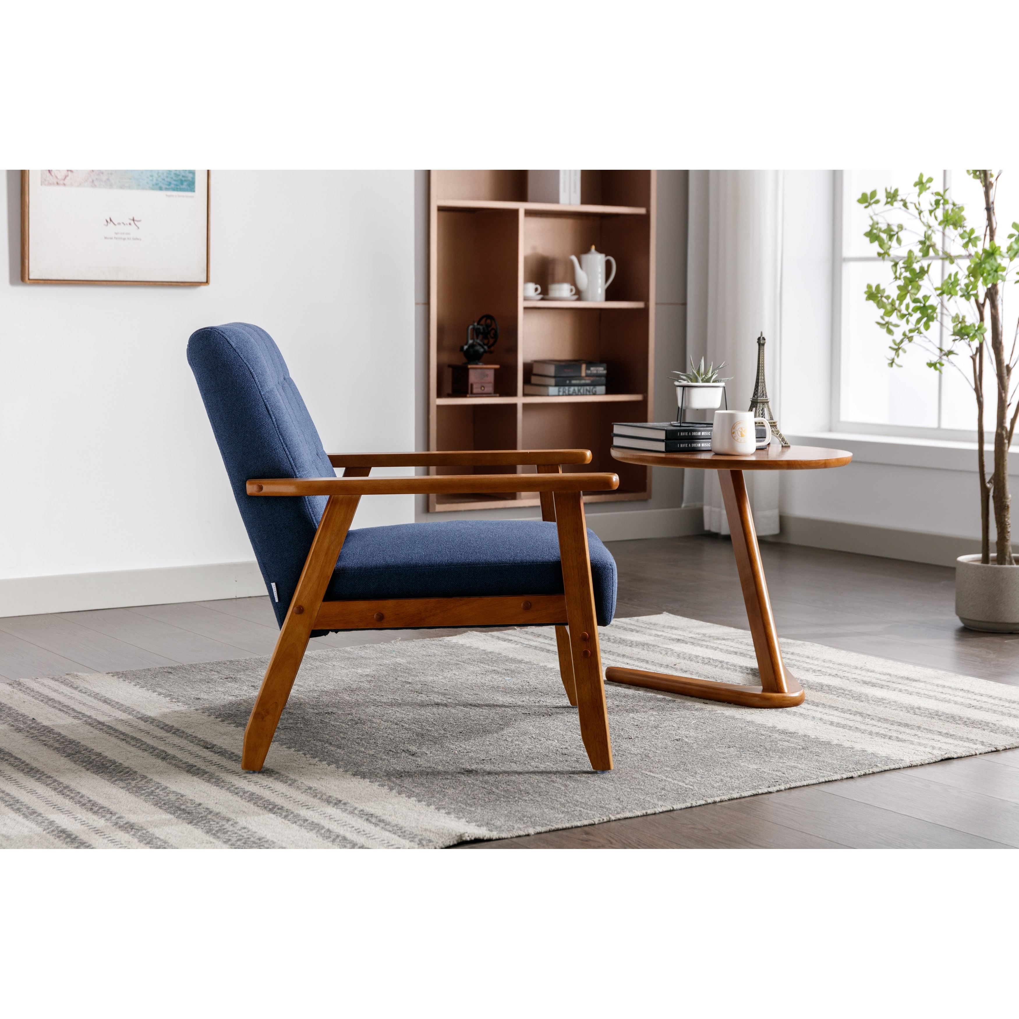 Modern Solid Wood Armrest Accent Chair Mid Century Linen