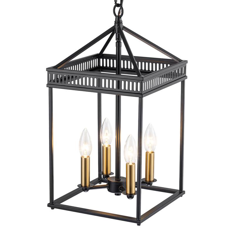 4-Light Industrial Black Square Cage Pendant Chandelier for Kitchen - Dia.9.84-in