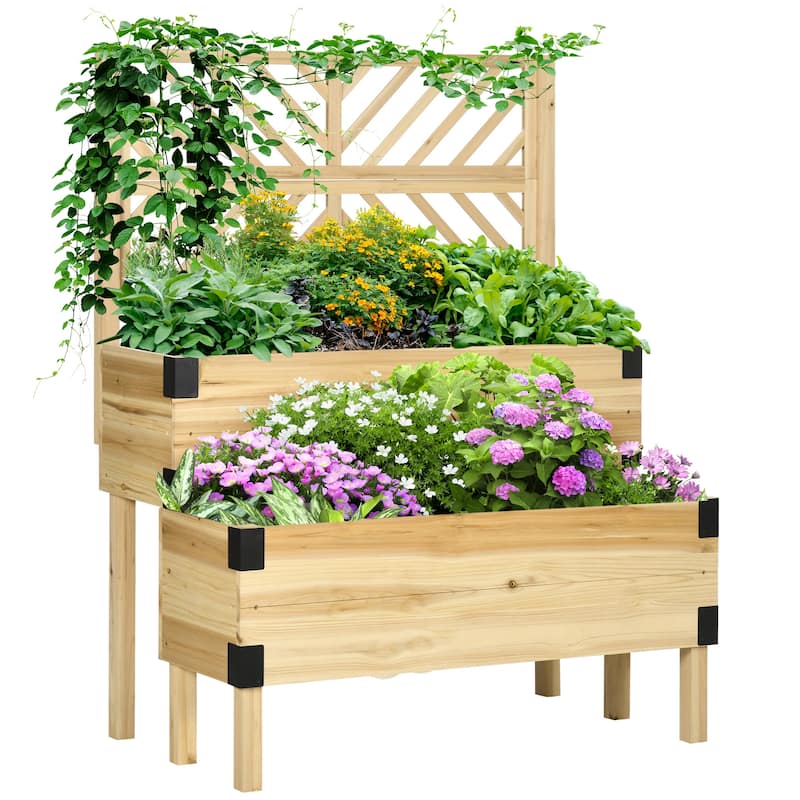 Countryside Style Garden Bed with Legs and Metal Corners 2 Tier Wooden Elevated Planter Box, for Vegetables Flowers Herbs - Yellow