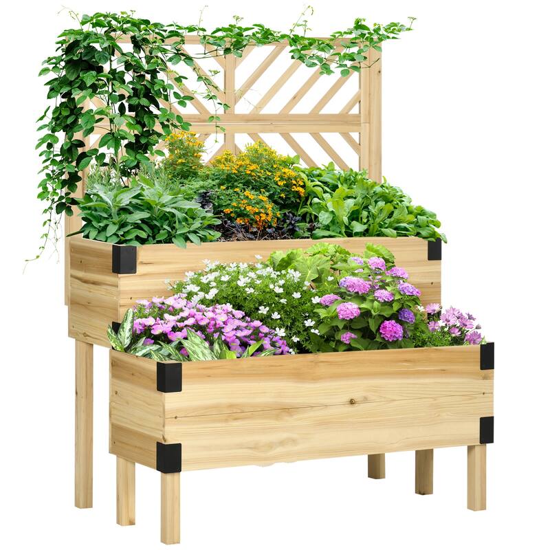 Outsunny 2 Tier Raised Garden Bed with Trellis, Wooden Elevated Planter Box with Legs and Metal Corners