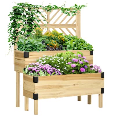 Outsunny Raised Garden Bed with Trellis, 2 Tier Wooden Elevated Planter Box with Legs and Metal Corners