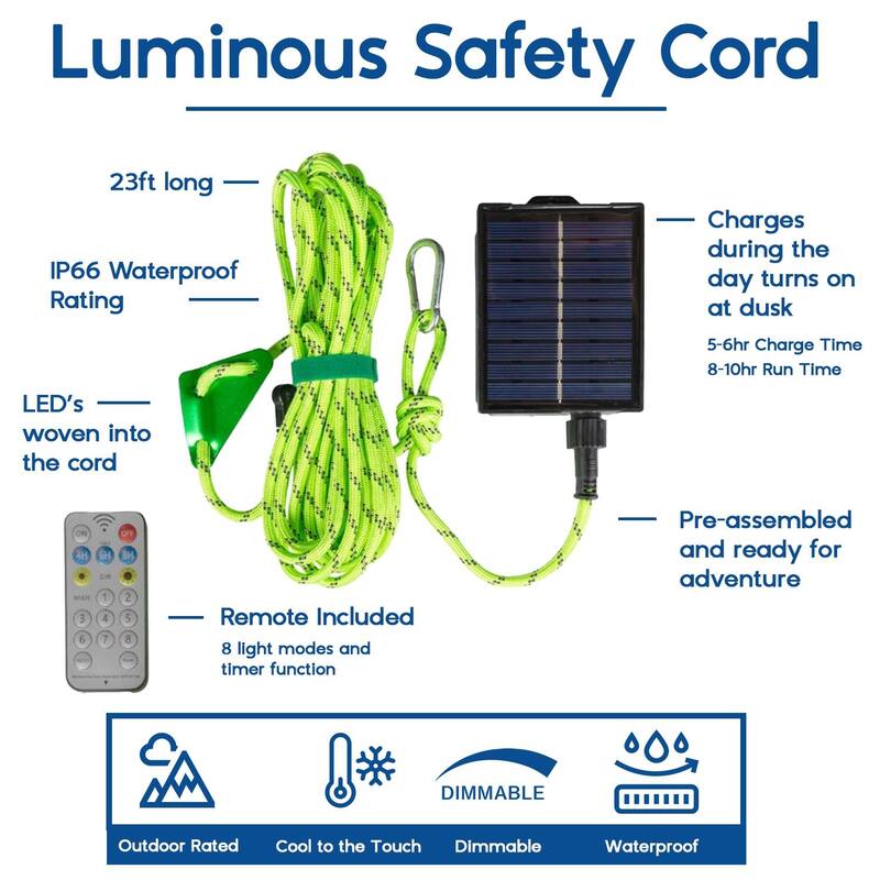 Novelty Lights Solar Paracord Rope, 23ft Green Glow Rope with Remote