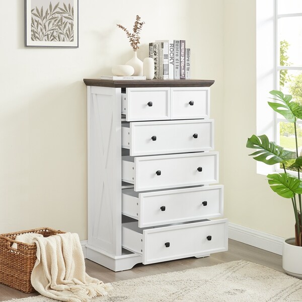 Rustic 6 Drawer Dresser, White Wood and Black Grain Finish, Tall