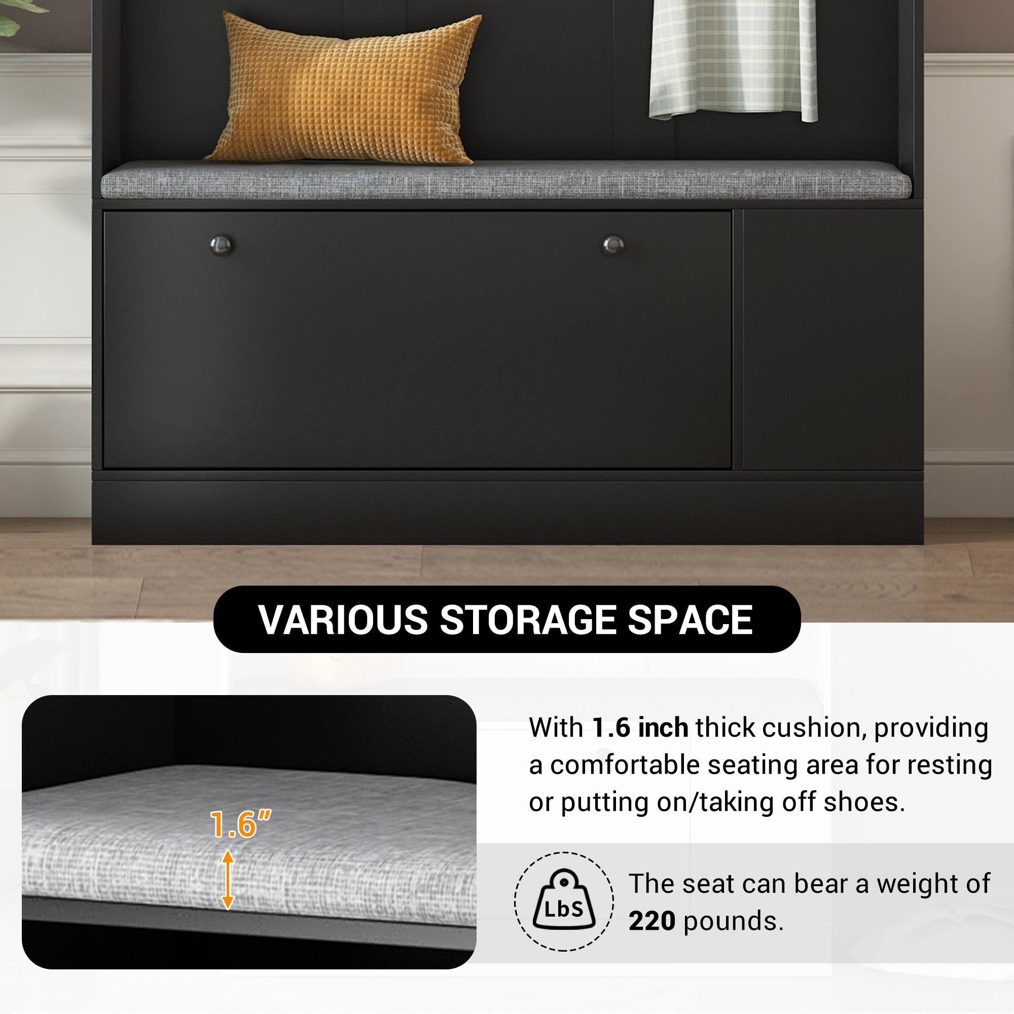 Bench with Coat Rack, Cushion and 3 Sturdy Hooks Wide Hall Tree Bed