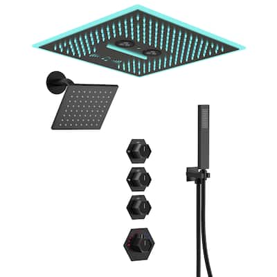 Thermostatic Music Shower System Dual Heads 16" & 6" Rainfall Waterfall LED Shower Head with High Pressure Handheld Spray