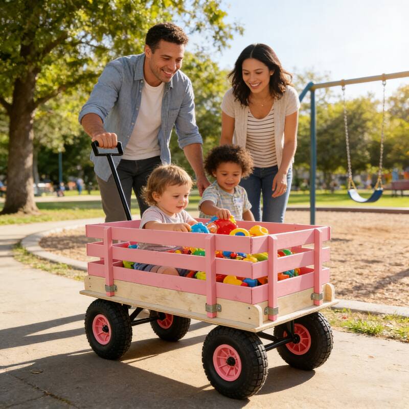 Wooden Garden Wagon for Kids & Adults - Durable Pink Utility Cart for Yard Work & Toy Storage