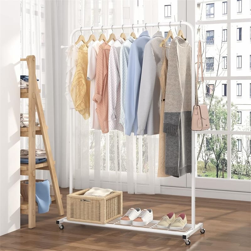 Clothing Rack with Bottom Mesh Storage Shelf - 39.76"D x 16"W x 64.56"H - White