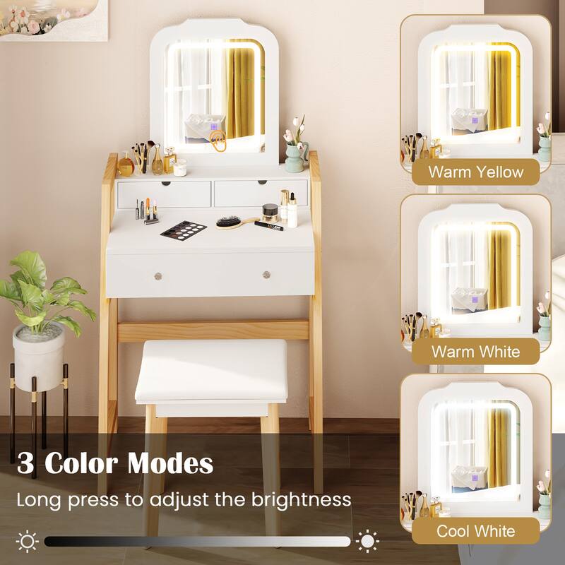 Gymax Vanity Desk Set w/ Mirror 3-Color LED Lights Drawers Solid Pine