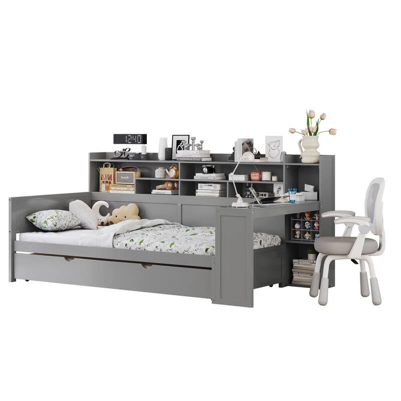 Wooden Twin/Full Size Daybed with Trundle Bed, Multi-functional Corner Platform Sofa Bed Frame with Storage Headboard and Desk