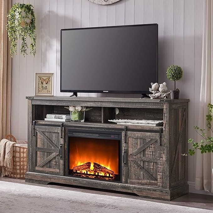 Farmhouse Fireplace TV Stand, Entertainment Center, Media Console - Dark Rustic Oak