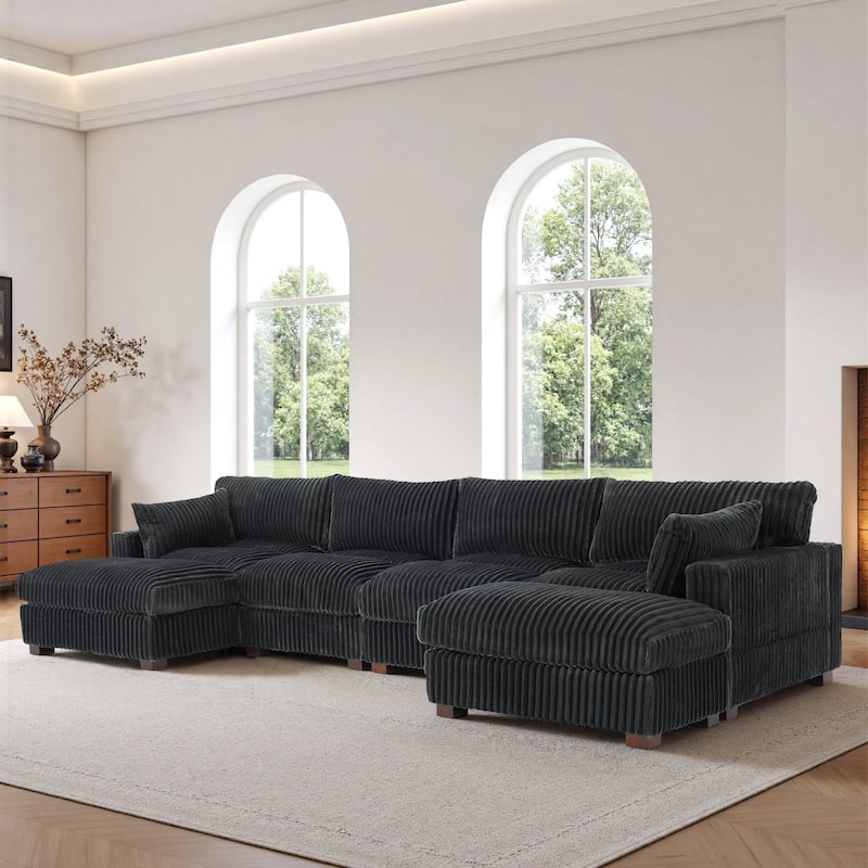 Oversied Plush Corduroy Fabric Modular Sectional Sofa with Chaise, Ottoman - Left Facing - Grey-5 Pieces