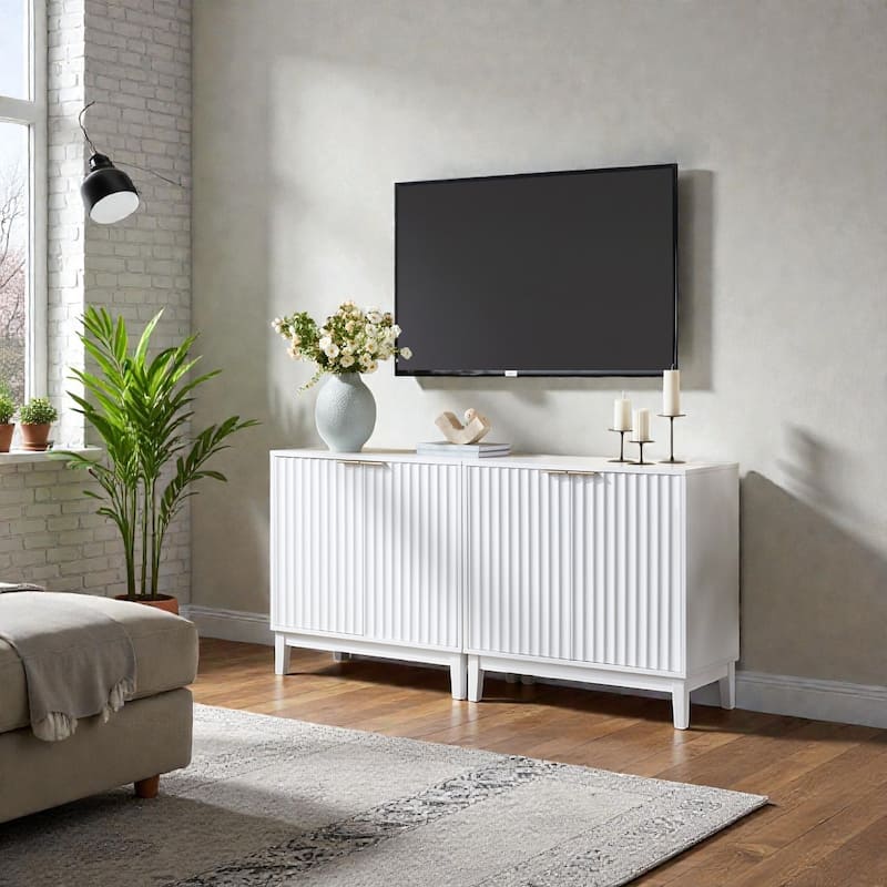 2-Door Fluted Storage Cabinet with Brass Handles, Natural Wood Accent Chest for Entryway, Dining Room or Living Room