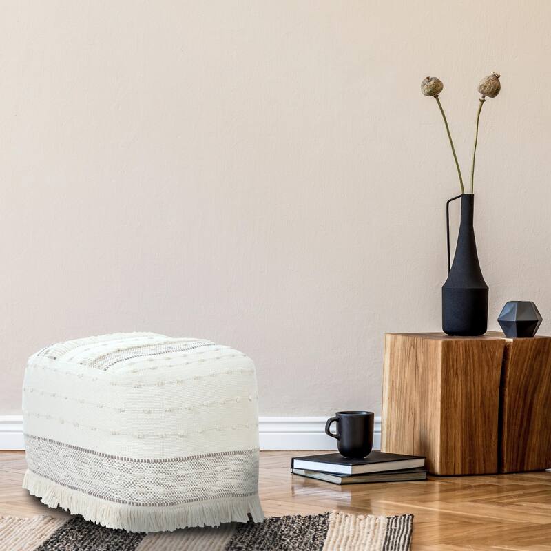 Sevita Ivory and Beige Farmhouse Chic Shag Textured Pouf Ottoman