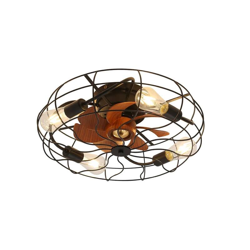 Industrial 20 Inch Flush Mount Ceiling Fan with Remote Control, Metal Cage Ceiling Fan Light