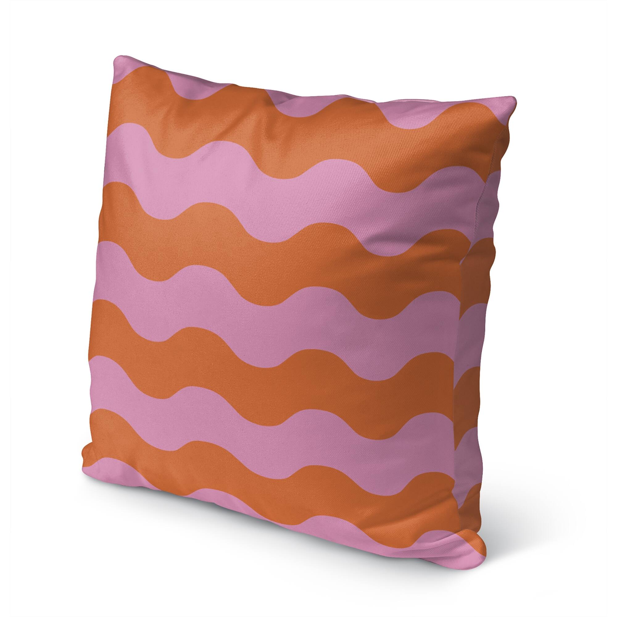 UNDULATING WAVY STRIPES PINK AND ORANGE Outdoor Pillow By Becky Bailey