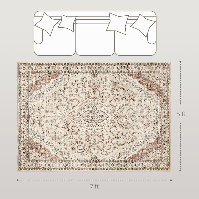 HOMCOM Area Rug 5x7, Machine Washable Rug, Non-Slip Classical Floral Print Floor Cover Foldable Carpet for Living Room,