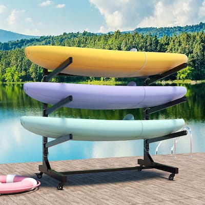 41"H Freestanding Kayak Storage Rack - Holds 3 Kayaks, Heavy-Duty Adjustable Stand with Lockable Wheels for Kayak, Canoe