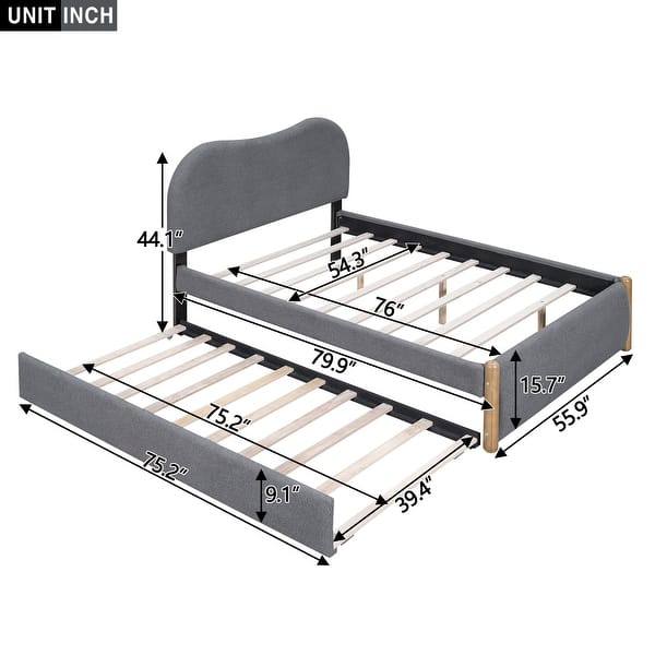 Grey Full Size Upholstered Platform Bed with Headboard, Trundle, and Wooden Feet