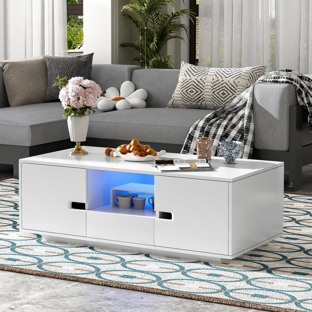 Modern High Glossy Rectangle Coffee Table with 16 Color LED Lights