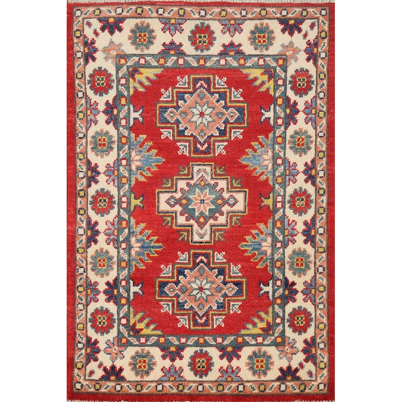 Hand Knotted Oriental 100% Wool Carpet Traditional Geometric Red Kazak Area Rug - 3' 0'' X 2' 0''