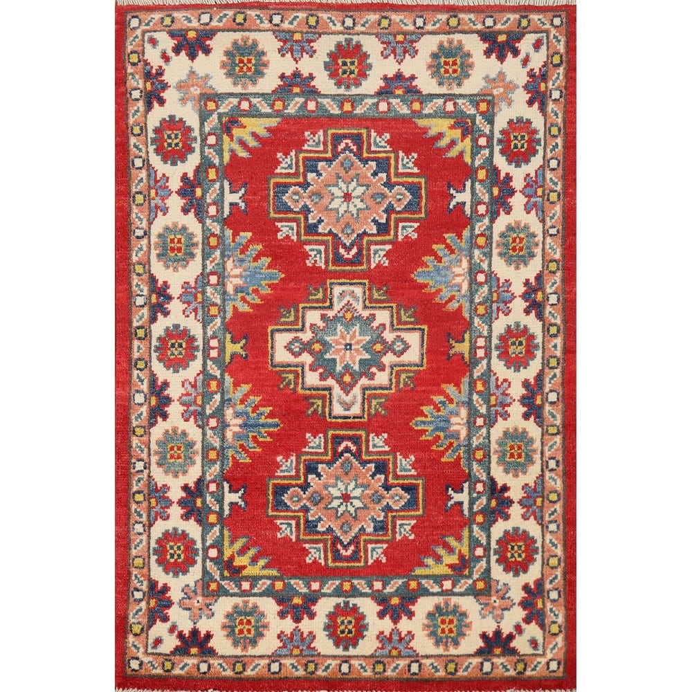 Hand Knotted Oriental 100% Wool Carpet Traditional Geometric Red Kazak Area Rug - 3' 0'' X 2' 0''