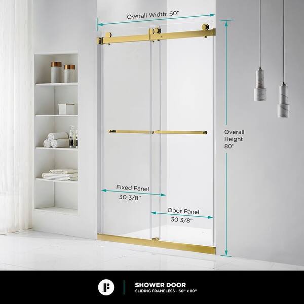 dimension image slide 14 of 25, Fine Fixtures Frameless Clear Sliding Bathroom Shower Door