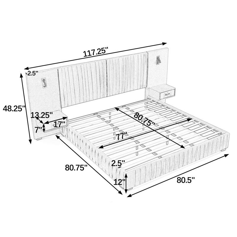 King Size Upholstered Platform Bed with Headboard, Bedside Table, and Adjustable Lamps, Beige