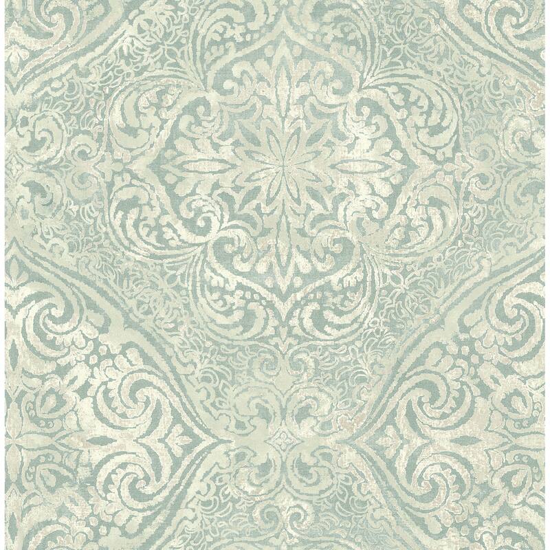 Seabrook Designs Palladium Damask Unpasted Wallpaper - 20.5 in. W x 33 ft. L - Metallic Seafoam and Ivory
