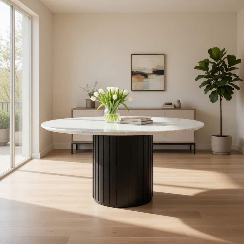 Jerry 54 Inch Dining Table, Round Faux Marble Top, Black Pedestal Base