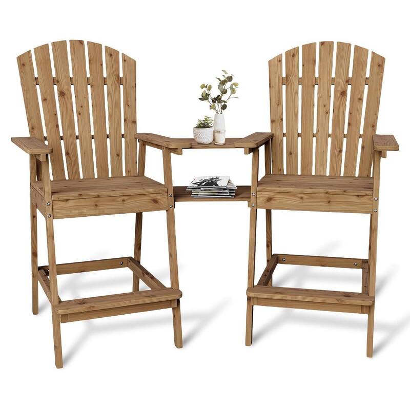 Set of 2 Outdoor Tall Adirondack Chairs Barstools for Deck, Balcony, Backyard, Patio Bar - Brown