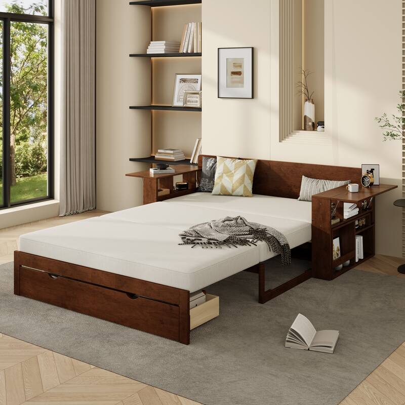 Full Size Daybed with Removable Desk, Storage Drawers & Hydraulic Side Table