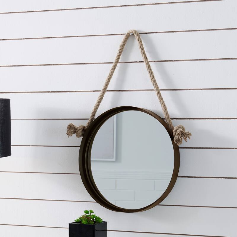 Danya B. 15" Dark Brown Iron Framed Hanging Rope Round Accent Mirror