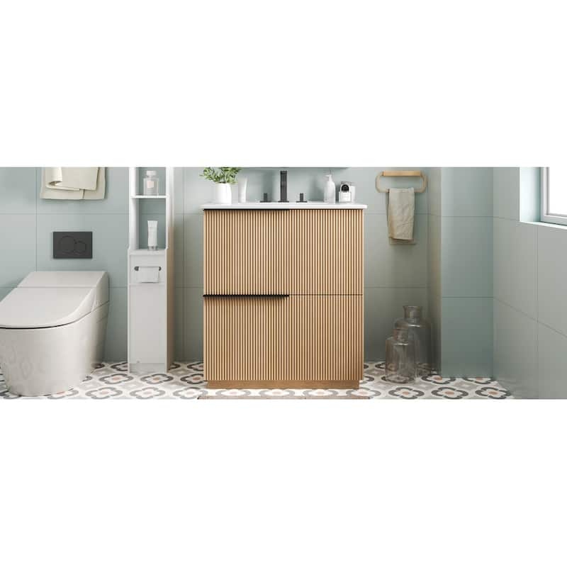 Bathroom Vanity with Ceramic Sink, Freestanding Wooden Bathroom Vanity, Bathroom Cabinet with Full-Extension Drawers